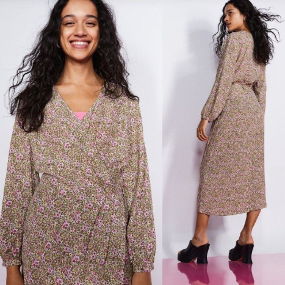 H&M Floral Print Long Sleeve Wrap Midi Sundress Pink/Yellow Women's Size Small